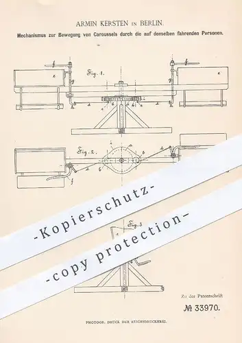 original Patent - Armin Kersten , Berlin , 1885 , Bewegung von Karussells | Karussell | Schausteller , Jahrmarkt !!