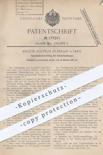 original Patent - Société Nottelle et Denain , Paris 1905 , Verschluss für Korsettschiene | Korsett , Korset , Schneider