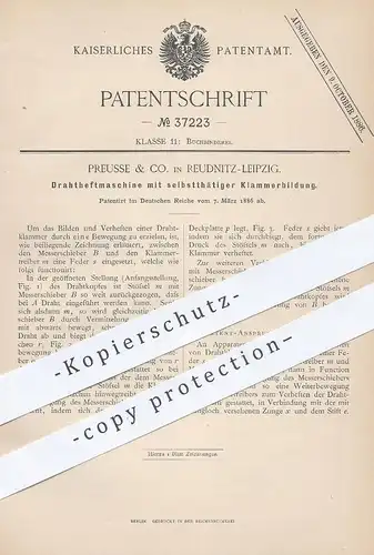original Patent - Preusse & Co. , Leipzig / Reudnitz , 1886 , Drahtheftmaschine  | Draht - Heftmaschine | Buchbinder !!!
