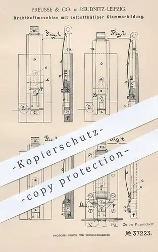 original Patent - Preusse & Co. , Leipzig / Reudnitz , 1886 , Drahtheftmaschine  | Draht - Heftmaschine | Buchbinder !!!