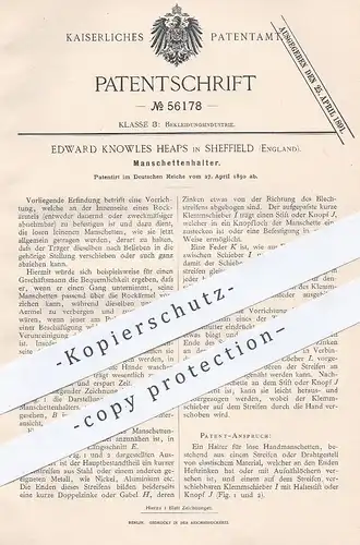 original Patent - Edward Knowles Heaps , Sheffield , England , 1890 , Manschettenhalter | Schneider , Mode , Knopf !!!