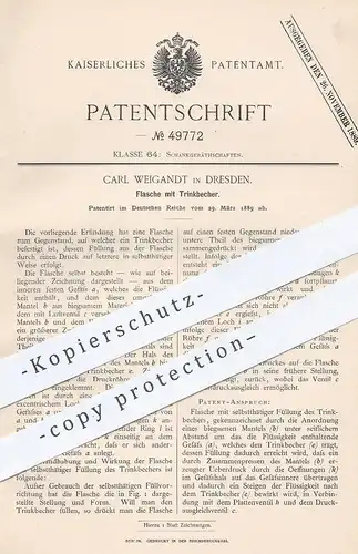 original Patent - Carl Weigandt , Dresden , 1889 , Flasche mit Trinkbecher | Flaschen , Becher , Glas , Trinken , Gläser