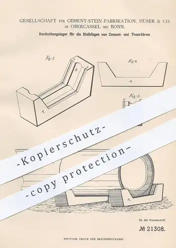 original Patent - Ges. für Zement Stein Fabrikaton , Hüser & Co. , Oberkassel , 1882 , Verdichtungslager für Stoßfugen !