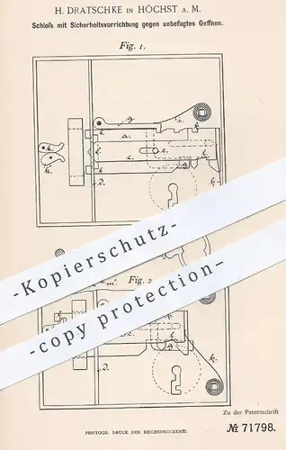 original Patent - H. Dratschke , Höchst / Main , 1893 , Schloss mit Schutz vor unbefugtes Öffnen | Türschloss , Tür !!
