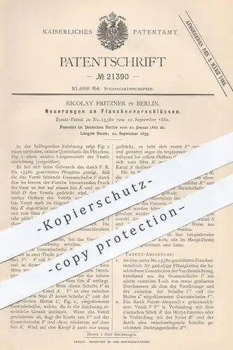 original Patent - Nicolay Fritzner , Berlin , 1882 , Flaschenverschluss | Flaschen - Verschluss | Flasche , Korken !