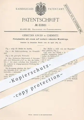 original Patent - Gebr. Unger , Chemnitz , 1885 , Fleischmühle mit Mischtrog | Fleisch - Mühle | Fleischer , Schlachter