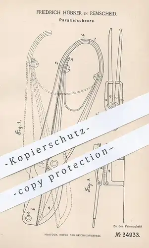 original Patent - Friedrich Hübner , Remscheid , 1885 , Parallelschere | Schere für Blech , Metall | Werkzeug !!