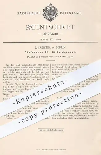 original Patent - J. Priester , Berlin 1893 , Stoßkappe für Billardqueue | Billard - Queue | Pool , Sport , Billardtisch