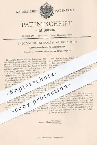 original Patent - Theodor Griesemann , Magdeburg , 1898 , Lochsteinmundstück für Ziegelpressen | Ziegel - Presse | Ton