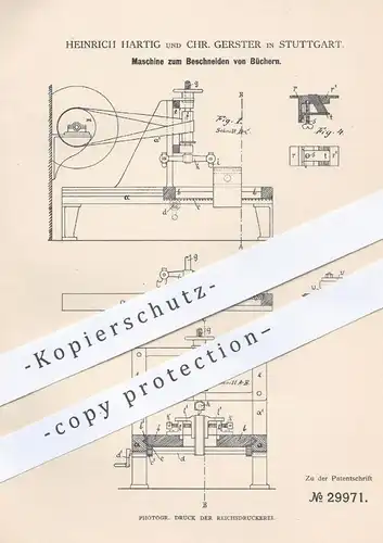 original Patent - Heinrich Hartig , Chr. Gerster , Stuttgart , 1884 , Maschine zum Beschneiden der Bücher | Buchbinder !