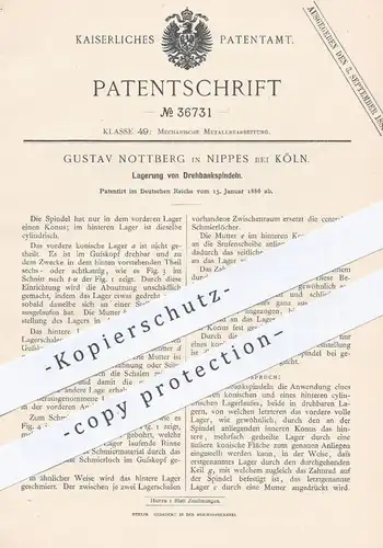 original Patent - Gustav Nottberg , Köln / Nippes , 1886 , Lagerung an Drehbankspindel | Drehbank - Spindel | Metall !!