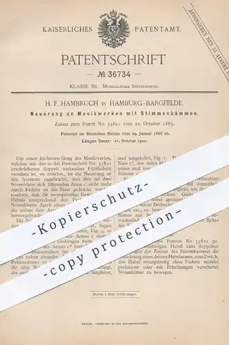 original Patent - H. F. Hambruch , Hamburg / Bargfelde , 1886 , Musikwerk mit Stimmenkämmen | Musikinstrument , Musik !!