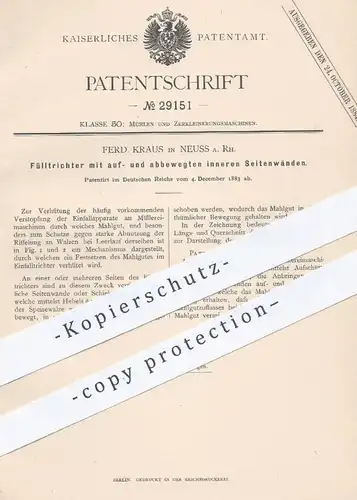 original Patent - Ferd. Kraus , Neuss a. Rh. , 1883 , Fülltrichter mit inneren Seitenwänden | Trichter , Mühle , Müller