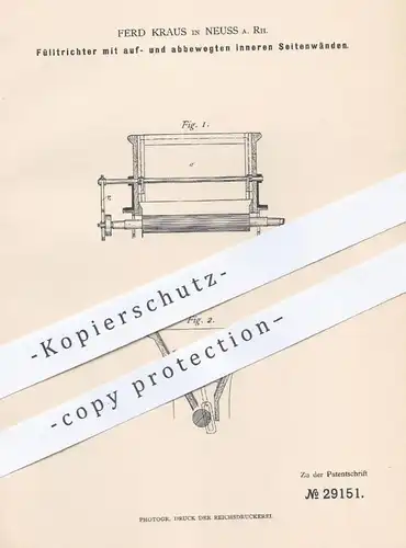 original Patent - Ferd. Kraus , Neuss a. Rh. , 1883 , Fülltrichter mit inneren Seitenwänden | Trichter , Mühle , Müller