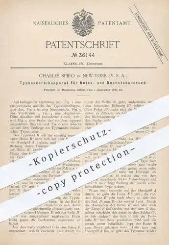 original Patent - Charles Spiro , New York , USA , 1885 , Typenschreibapparat für Druck von Zahlen und Buchstaben !!