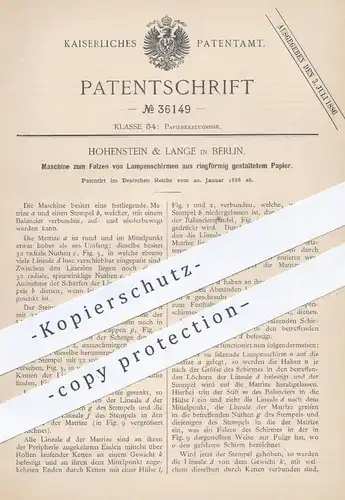 original Patent - Hohenstein & Lange , Berlin , 1886 , Maschine zum Falzen von Lampenschirmen | Papier , Lampe , Licht