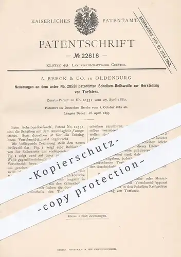 original Patent - A. Beeck & Co. , Oldenburg , 1882 , Scheiben Reisswolf zur Herstellung von Torfstreu | Torf , Landwirt