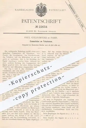 original Patent - Paul Goloubitzki , Paris , Frankreich , 1882 , Kommutator am Telefon | Telefonie , Strom , Elektriker