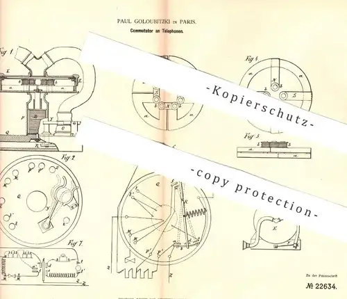 original Patent - Paul Goloubitzki , Paris , Frankreich , 1882 , Kommutator am Telefon | Telefonie , Strom , Elektriker