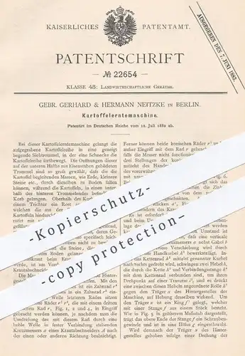 original Patent - Gebr. Gerhard & Hermann Neitzke , Berlin , 1882 , Kartoffelerntemaschine | Kartoffel - Erntemaschine !