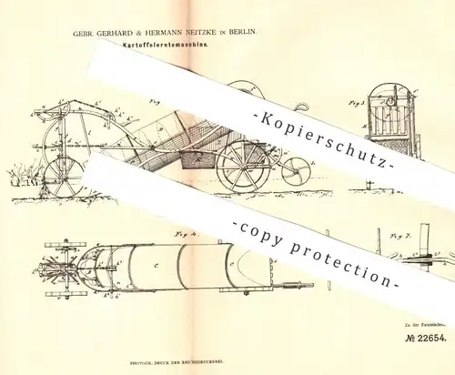 original Patent - Gebr. Gerhard & Hermann Neitzke , Berlin , 1882 , Kartoffelerntemaschine | Kartoffel - Erntemaschine !