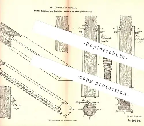 original Patent - Aug. Thiele , Berlin , 1884 , Verkleidung von Holzbalken mit Eisenblech | Holz , Balken , Zimmermann