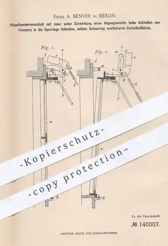 original Patent - A. Benver , Berlin , 1902 , Klappfensterverschluss | Fenster , Fensterbauer , Tischler , Fensterbau