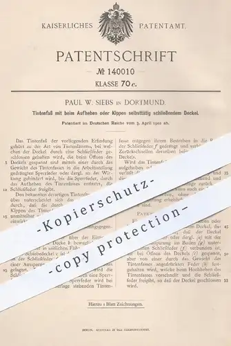 original Patent - Paul W. Siebs , Dortmund  1902 , Tintenfass mit selbst schließendem Deckel | Tinte , Fass , Füllhalter