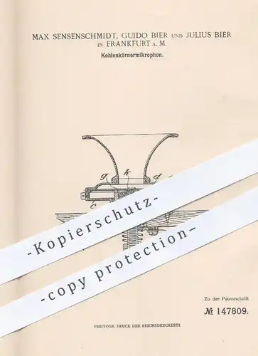 original Patent - Max Sensenschmidt , Guido Bier , Julius Bier , Frankfurt / Main 1902 , Kohlenkörnermikrofon | Mikrofon