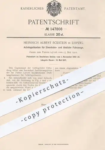 original Patent - Heinrich Albert Eckstein , Leipzig , 1902 , Achslagerkasten für Eisenbahnen | Eisenbahn , Straßenbahn