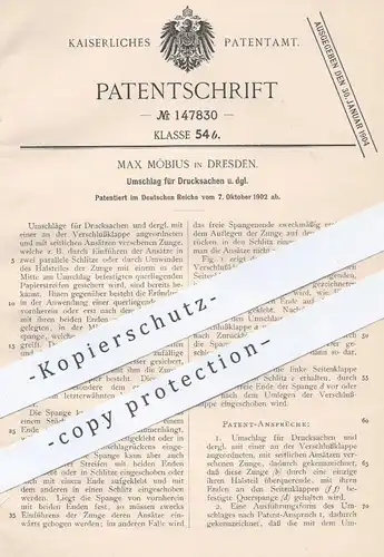 original Patent - Max Möbius , Dresden , 1902 , Umschlag für Papier , Blätter | Briefumschlag , Kuvert , Papierfabrik