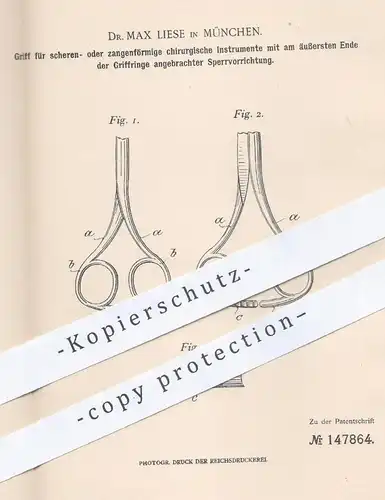 original Patent - Dr. Max Liese , München , 1902 , Griff für Scheren oder Zangen | Chirurg , Arzt , Medizin , Operation