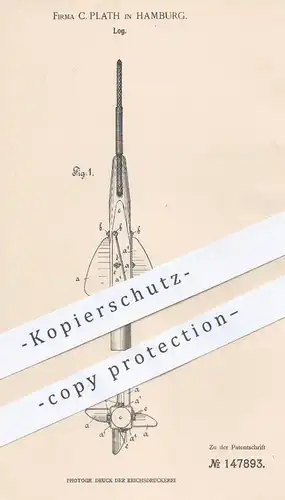 original Patent - C. Plath , Hamburg , 1903 , Log | Geschwindigkeit - Schiff , Schiffe | Schifffahrt , Seefahrer !!!