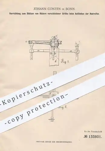 original Patent - Johann Conzen , Bonn , 1902 , Stützen der Räder beim Aufziehen der Radreifen | Rad , Reifen , Wagen !!