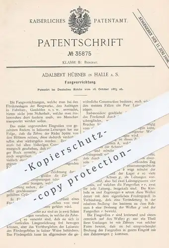 original Patent - Adalbert Hübner , Halle , 1885 , Fangvorrichtung  für Förderanlagen | Bergbau , Bergwerk | Aufzug !!
