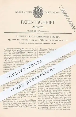 original Patent - H. Zerning & G. Eschenhorn , Berlin , 1885 , Umwandlung von Fäkalien in Brennmaterial | Kläranlange !