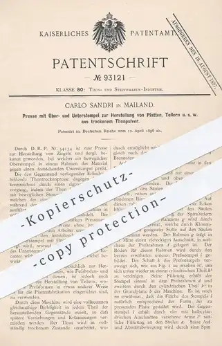 original Patent - Carlo Sandri , Mailand , Italien , 1896 , Presse zur Herstellung der Platten , Teller , Ziegel | Ton !