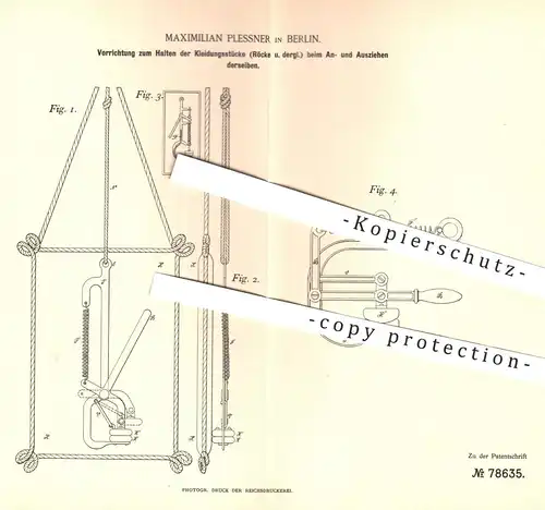 original Patent - Maximilian Plessner , Berlin 1893 , Halten der Kleidungsstücke beim An- u. Ausziehen | Kleidung , Mode