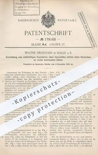 original Patent - Walter Pechstein , Halle / Saale  1903 , Umschalten von Gasventil mittels Uhrwerk | Gas - Ventil | Uhr