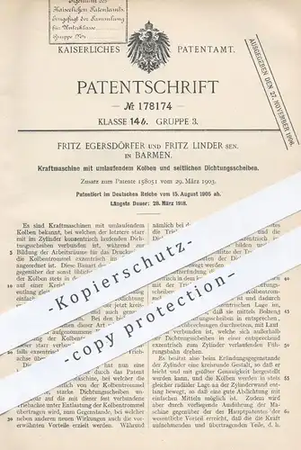 original Patent - Fritz Egersdörfer , Fritz Linder , Barmen 1905 , Kraftmaschine mit Kolben u. Dichtungsscheiben | Motor