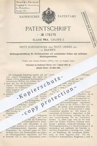 original Patent - Fritz Egersdörfer | Fritz Linder , Barmen , 1906 , Dichtung für Kraftmaschinen | Motor , Motoren !!!