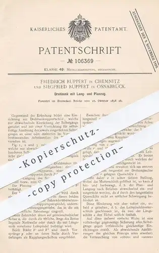 original Patent - Friedrich Ruppert , Chemnitz | Siegfried Ruppert , Osnabrück , 1898 , Drehbank mit Lang- und Planzug