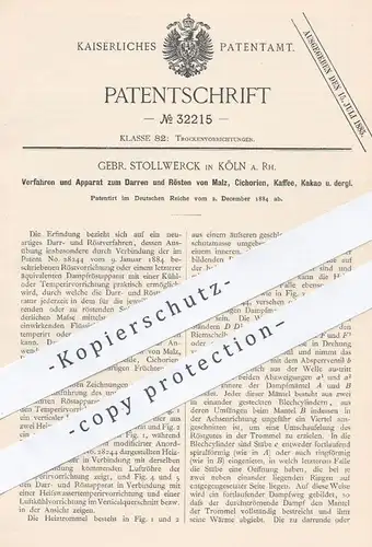 original Patent - Gebr. Stollwerck , Köln / Rhein , 1884 , Darren u. Rösten von Malz , Cichorien , Kaffee , Kakao !!!