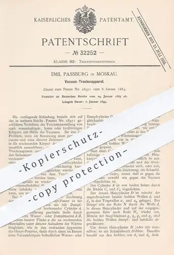 original Patent - Emil Passburg , Moskau , 1885 , Vakuum - Trockenapparat | Trocknen , Trocknung , Wärme !!