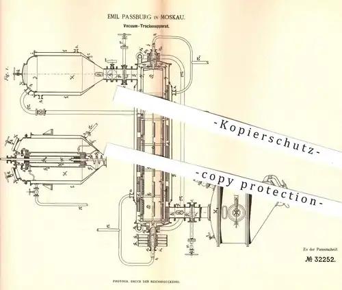 original Patent - Emil Passburg , Moskau , 1885 , Vakuum - Trockenapparat | Trocknen , Trocknung , Wärme !!