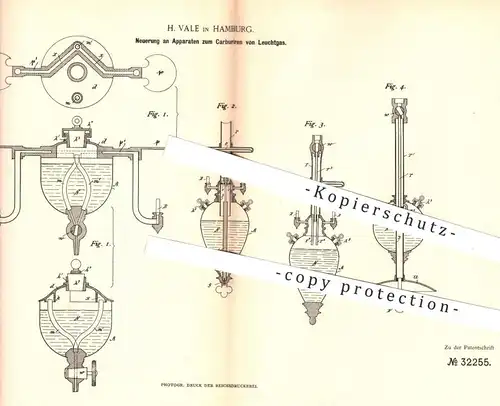 original Patent - H. Vale , Hamburg , 1884 , Apparat zum Carburieren von Leuchtgas | Gas , Licht , Beleuchtung !!!