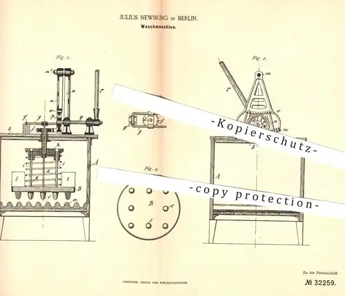 original Patent - Julius Newburg , Berlin , 1884 , Waschmaschine , Waschmaschinen | Wäsche , Waschen , Wäscherei !!!