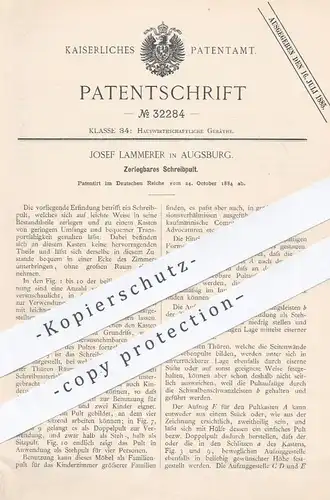 original Patent - Josef Lammerer , Augsburg , 1884 , Zerlegbares Schreibpult | Schreibtisch , Tisch , Sekretär , Pult !