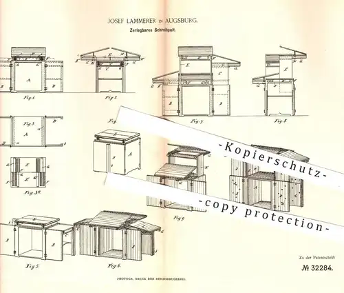 original Patent - Josef Lammerer , Augsburg , 1884 , Zerlegbares Schreibpult | Schreibtisch , Tisch , Sekretär , Pult !
