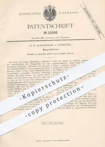 original Patent - H. H. Schomäker , Hamburg , 1882 , Wagenfeder | Feder für Wagen , Kutschen , Karren | Wagenbau !!!